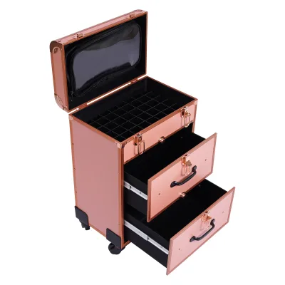 Valise de maquillage à roulettes dorée – image 3
