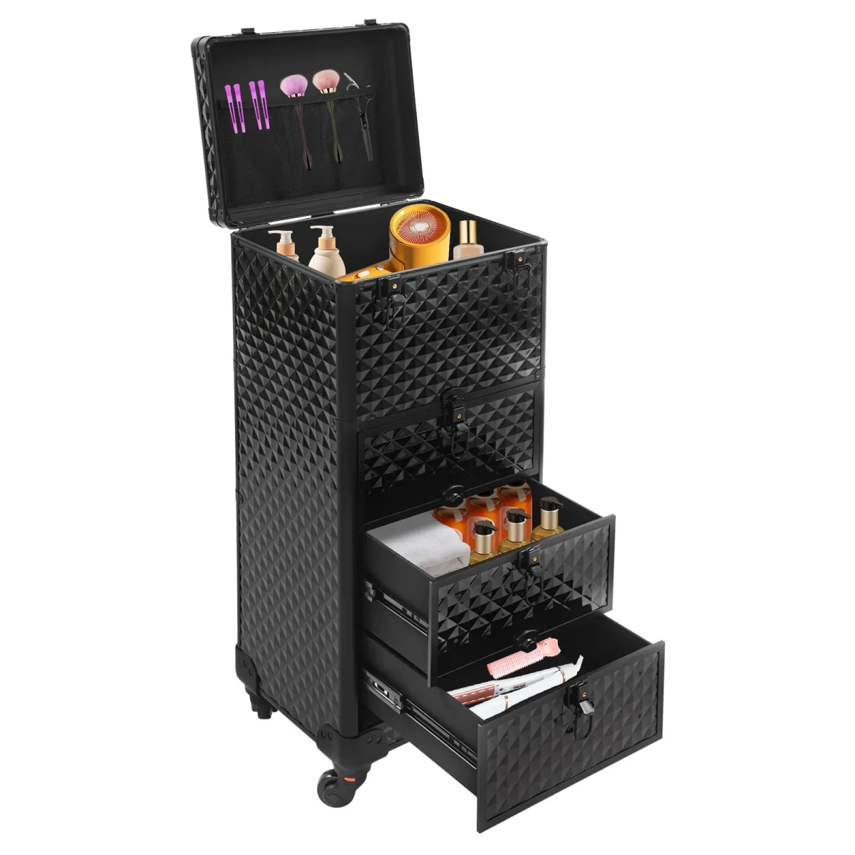 Valise de maquillage roulante à 3 tiroirs, noire