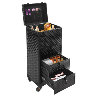 Valise de maquillage roulante à 3 tiroirs, noire